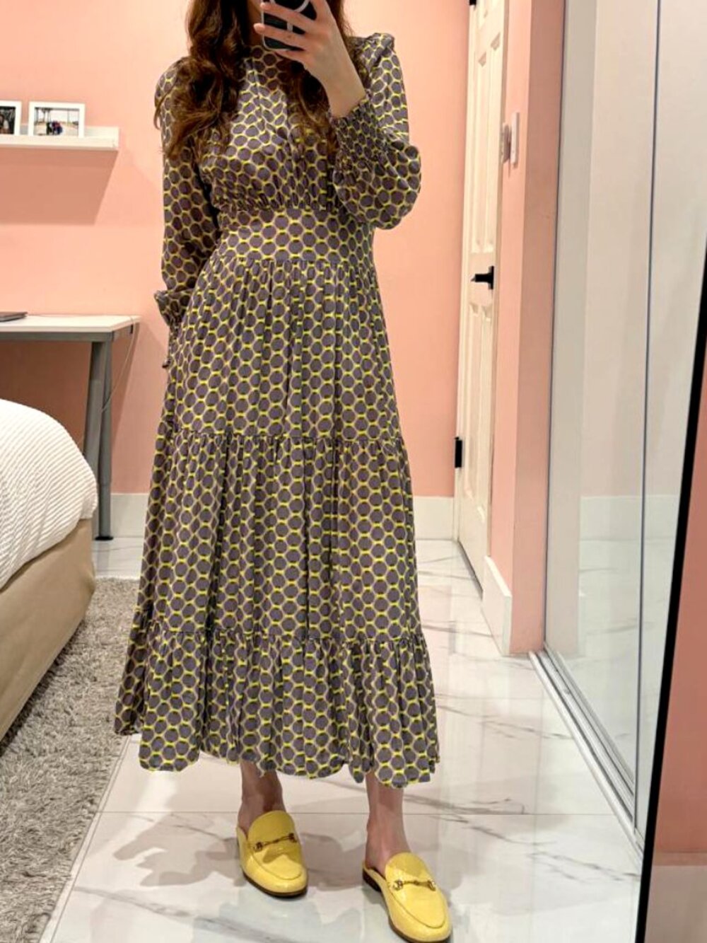 Fame on Central/Meena Brand Long Sleeve Honeycomb Print Smocked Midi Dress